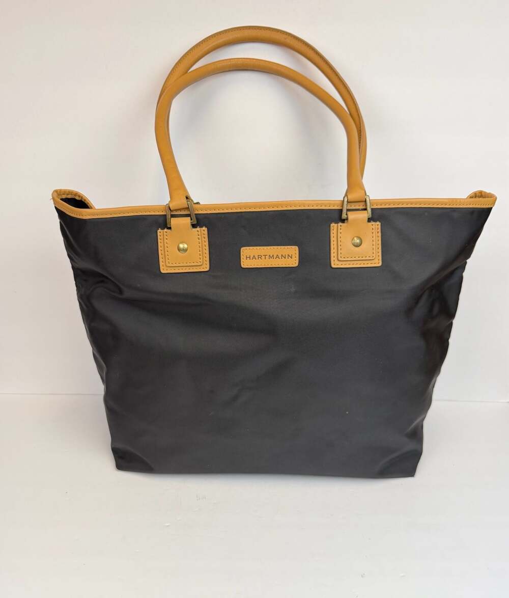 Hartmann Black Nylon Day Tote Bag with Tan Leather Trim